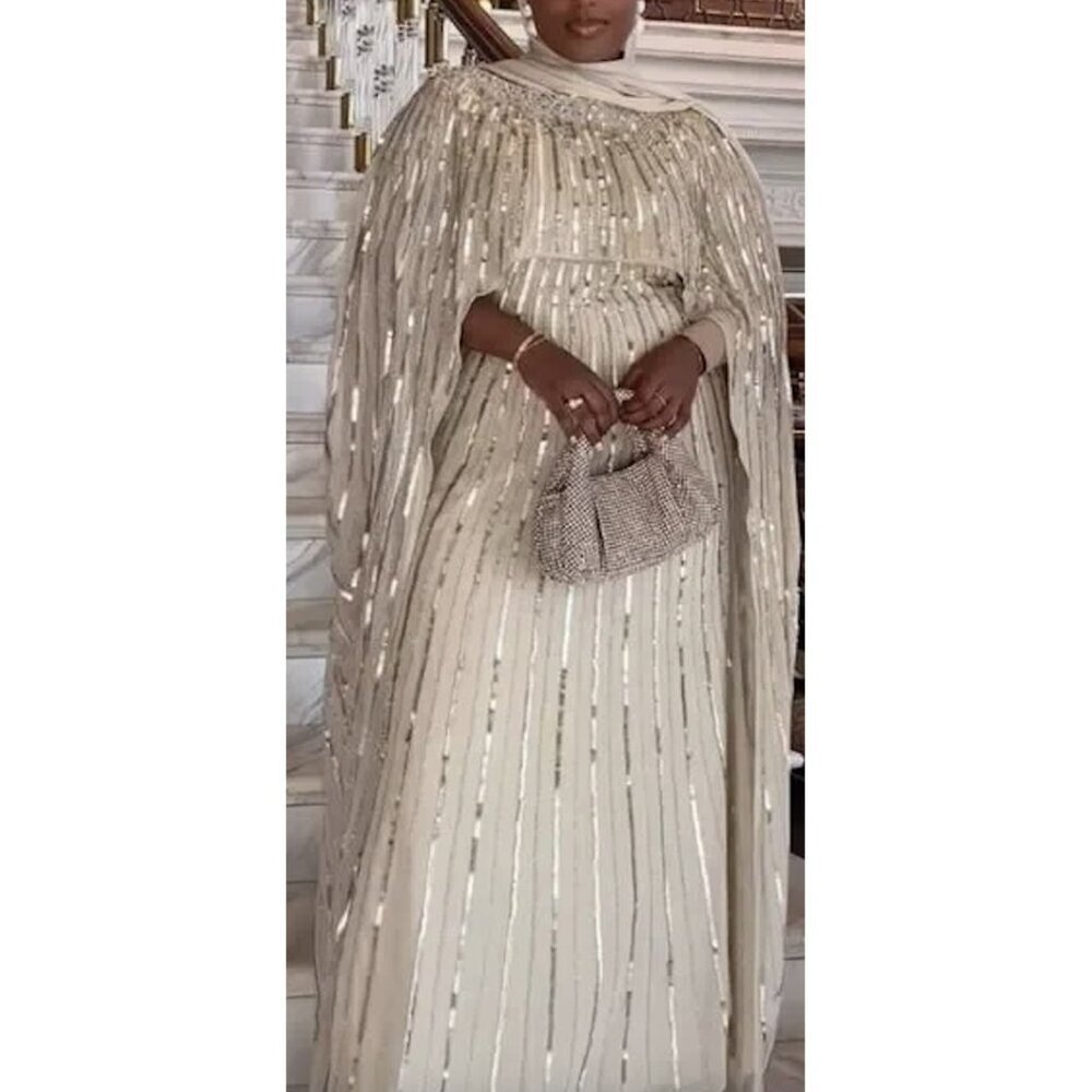 MAC DUGGAL Embellished Beaded Column Cape Gown in Champagne Size US 16 - Picture 14 of 14